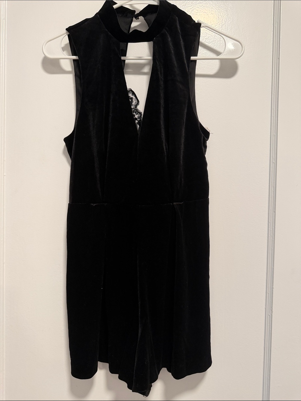 Black Velvet Sleeveless Romper with Lace Inset